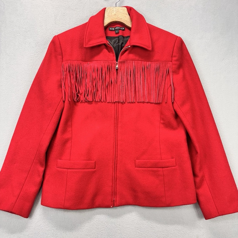 Vintage Frontier Western Jacket Womens Large 80s Red Fringes‎ Wool Zip USA Made